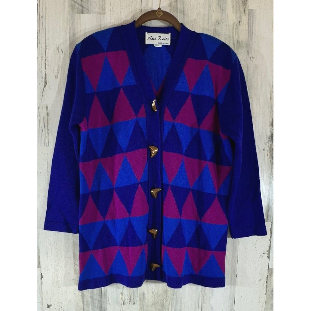 Ami Knits Cardigan Sweater 12 Blue Purple Geometric Harlequin Vintage 80s USA